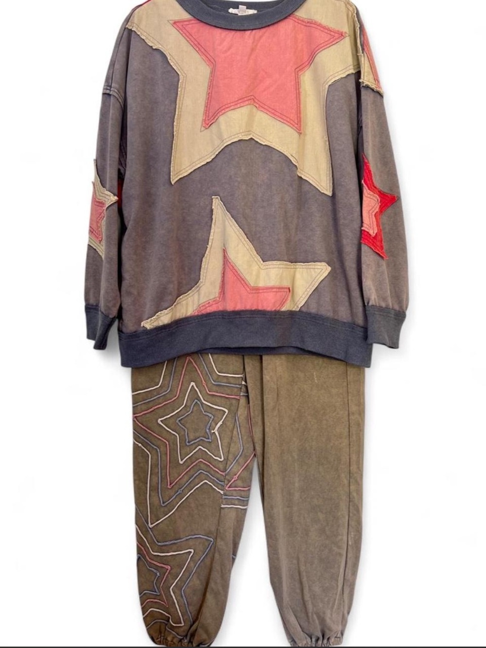 Oli & Hali Mineral Wash Star Patchwork Pullover Sweatshirt Jogger Pants Set Boho - Picture 2 of 11